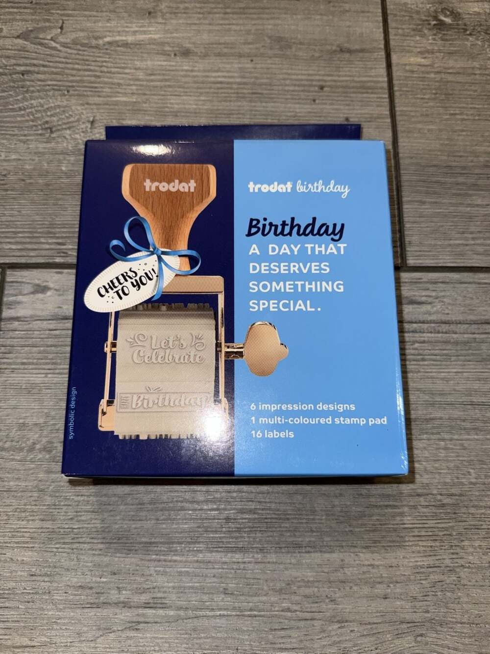 Trodat Birthday Stamp Set with 6 Messages, Multi-Colored Ink Pad, and 16 Labels